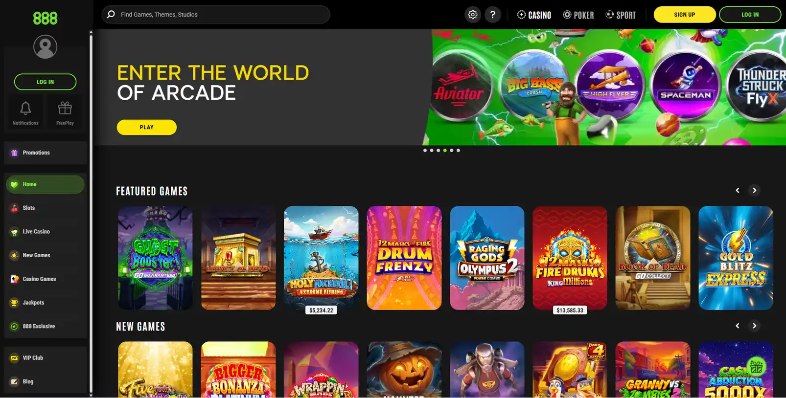 Лобби 888 Casino: верхнее меню казино, покера и спорта, левая панель разделов и ряды игр