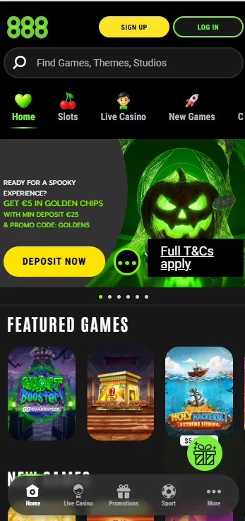 Мобильная версия 888 Casino в браузере смартфона: поиск игр, разделы и нижнее меню