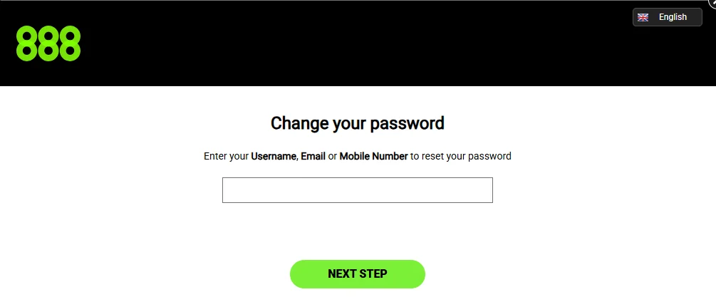 Зміна пароля 888 Casino: одне поле для імені користувача, e-mail або номера телефону
