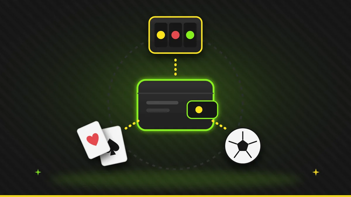 Ілюстрація: один гаманець у центрі, а навколо слоти, покерні карти і м’яч — казино, покер і ставки з одного акаунта